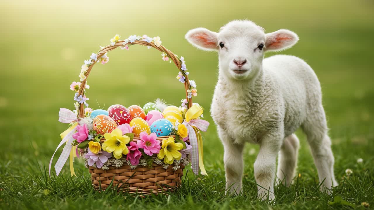 Charming Spring Scene Featuring a Playful Lamb Beside a Colorful Easter Basket Full of Vibrant Eggs and Beautiful Flowers in a Lush Green Setting
