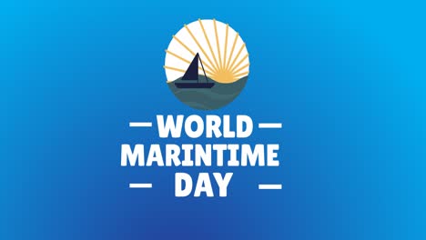 animation of world maritime day text over boat and sun icon