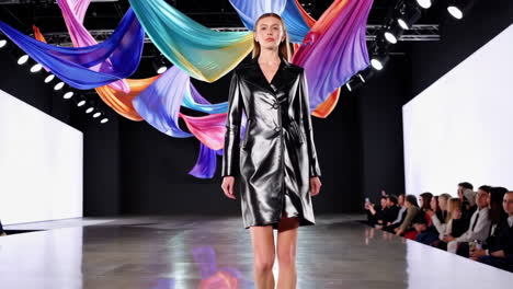 fashion show runway with model in leather outfit