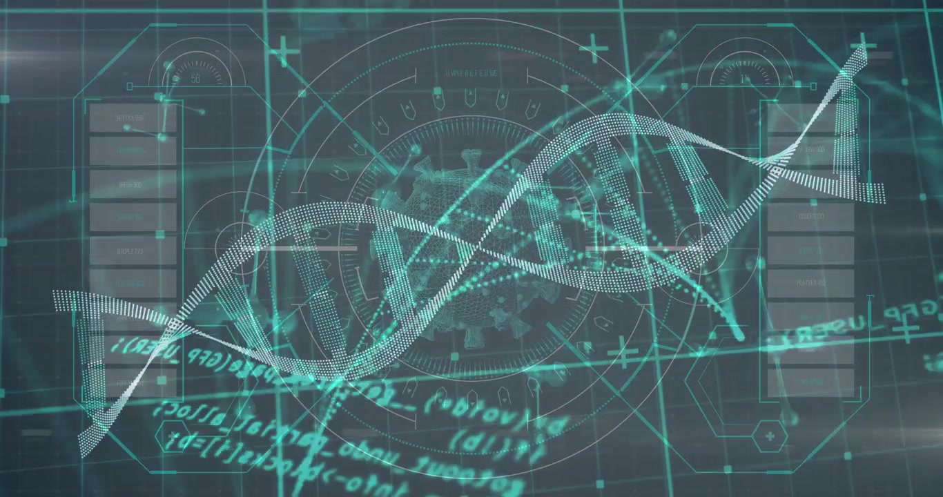 Holographic DNA helix appearing and rotating while HUD rings and nodes animating and decoding data