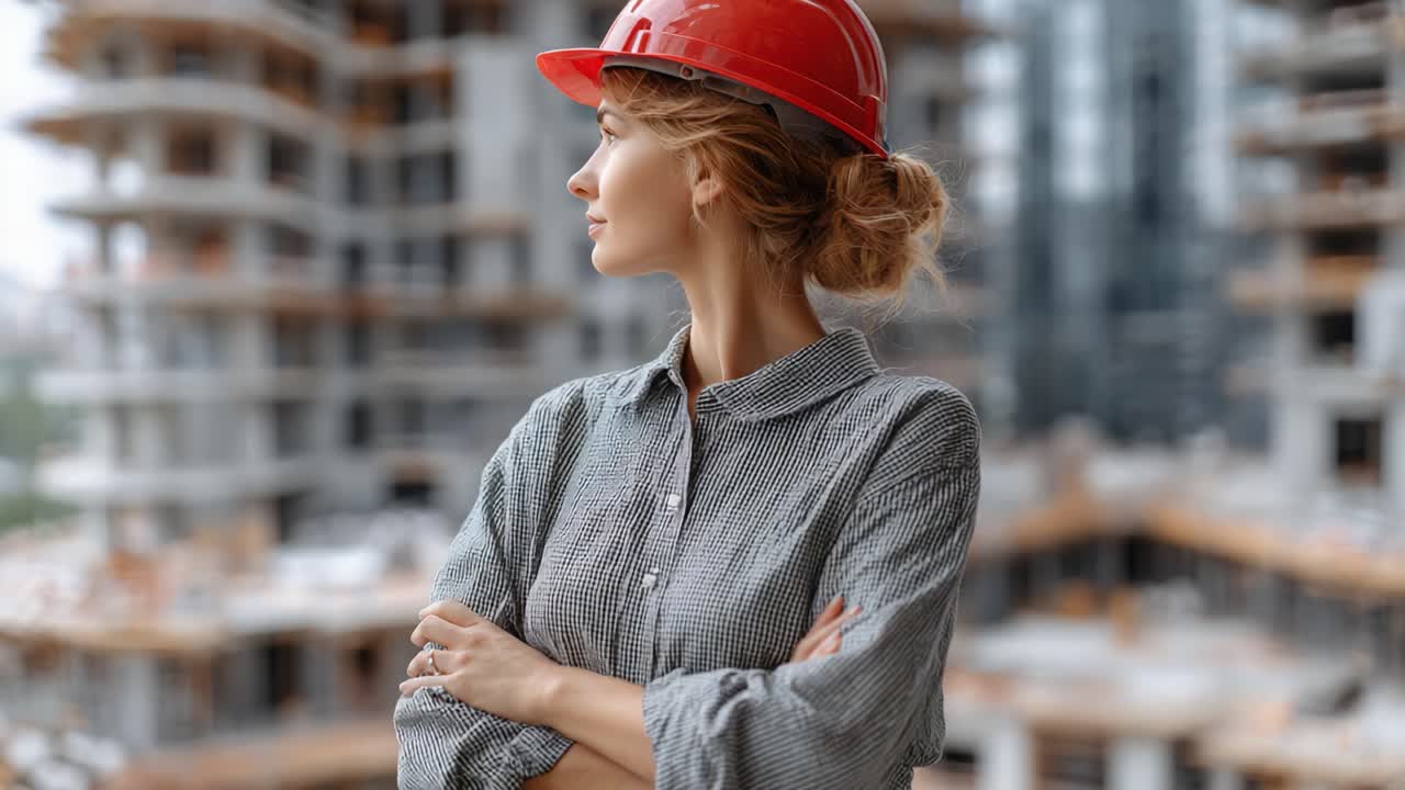 A Confident Female Construction Worker in a Hard Hat Overlooking a Building Site, Representing Leadership and Empowerment in the Construction Industry