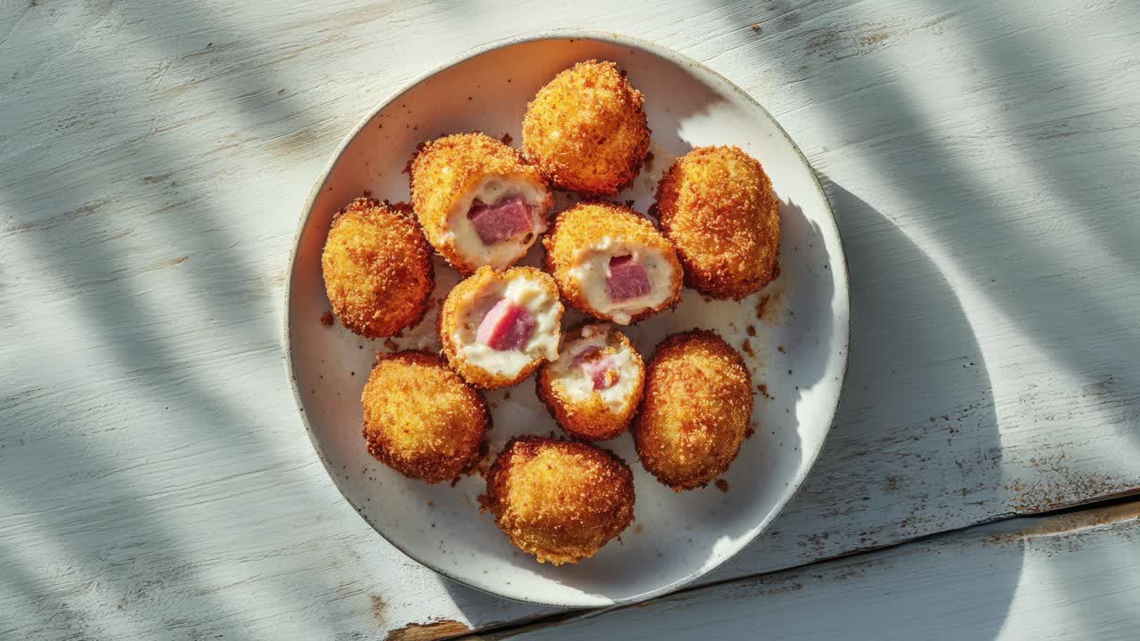deliciosas croquetas doradas en un plato con relleno de jamón y bechamel