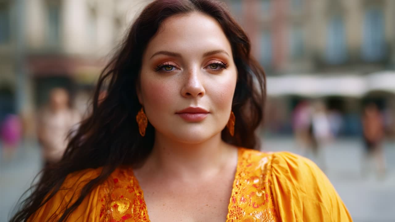 Una donna raggiante in un vivace abito arancione mette in mostra la sua bellezza serena in un ambiente urbano frenetico, catturando l'essenza della sicurezza e dell'eleganza