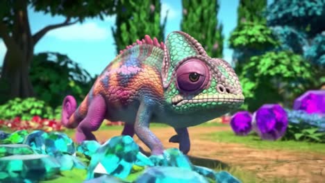 a vibrant chameleon navigates a colorful landscape covered in glittering gems and lush greenery, showcasing its beautifully unique skin patterns in bright sunshine