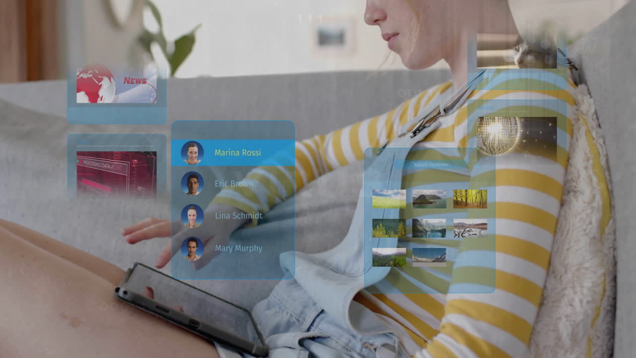 animación de una mujer caucásica usando una tableta en casa a través de un chat