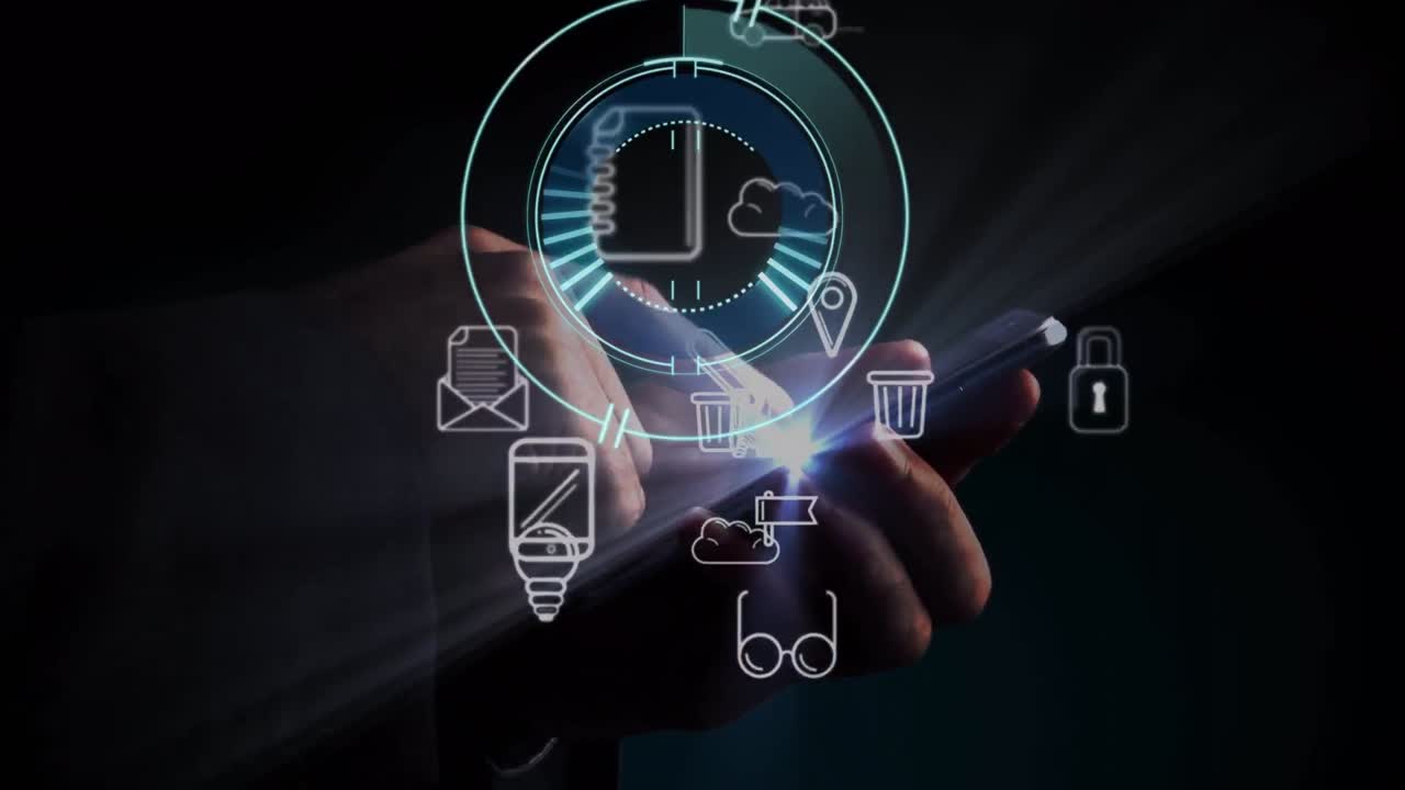 Animation of scope scanning over caucasian businessman using tablet