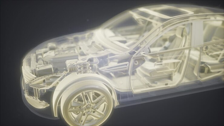 Holographic animation of 3D wireframe car model with engine