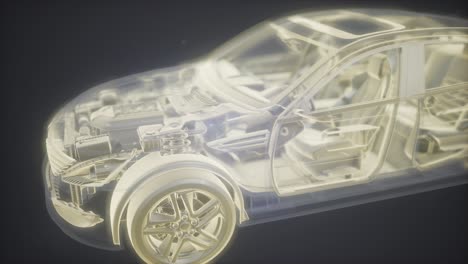 holographic animation of 3d wireframe car model with engine