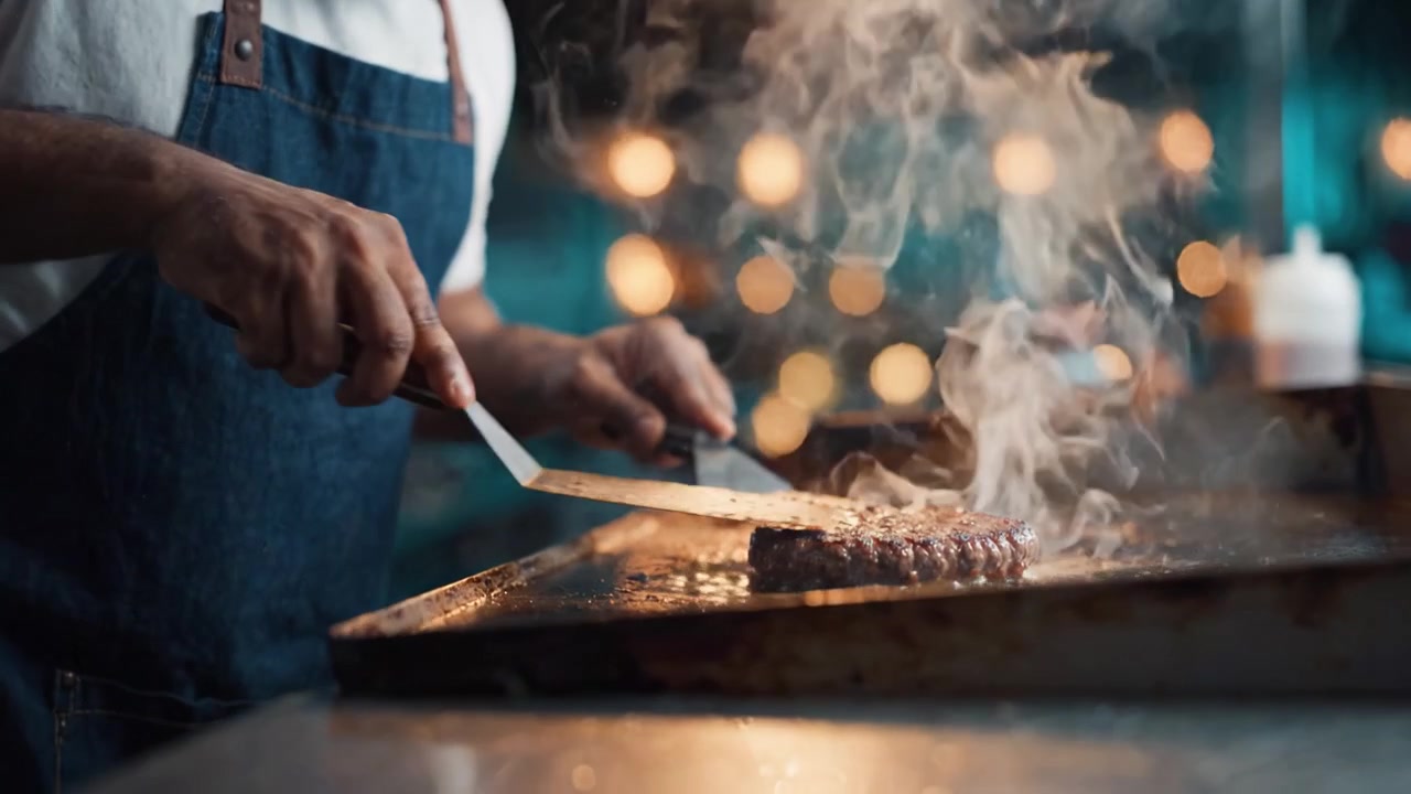Maestro della Griglia Esperto che Cucina Bistecche Succulente con Precisione, Mostrando Abilità e Tecniche Culinarie in un Ambiente di Cucina Vivace Pieno di Sapore e Passione