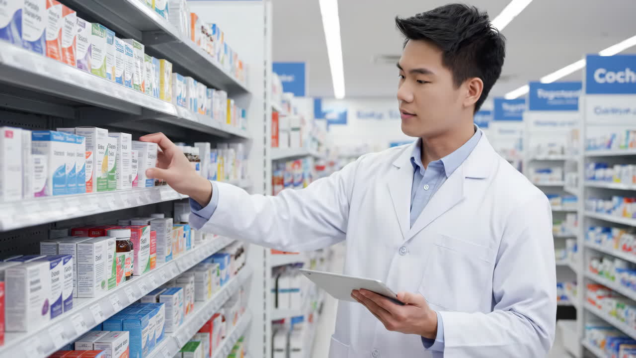 Pharmacist working in a pharmacy checking products on shelves