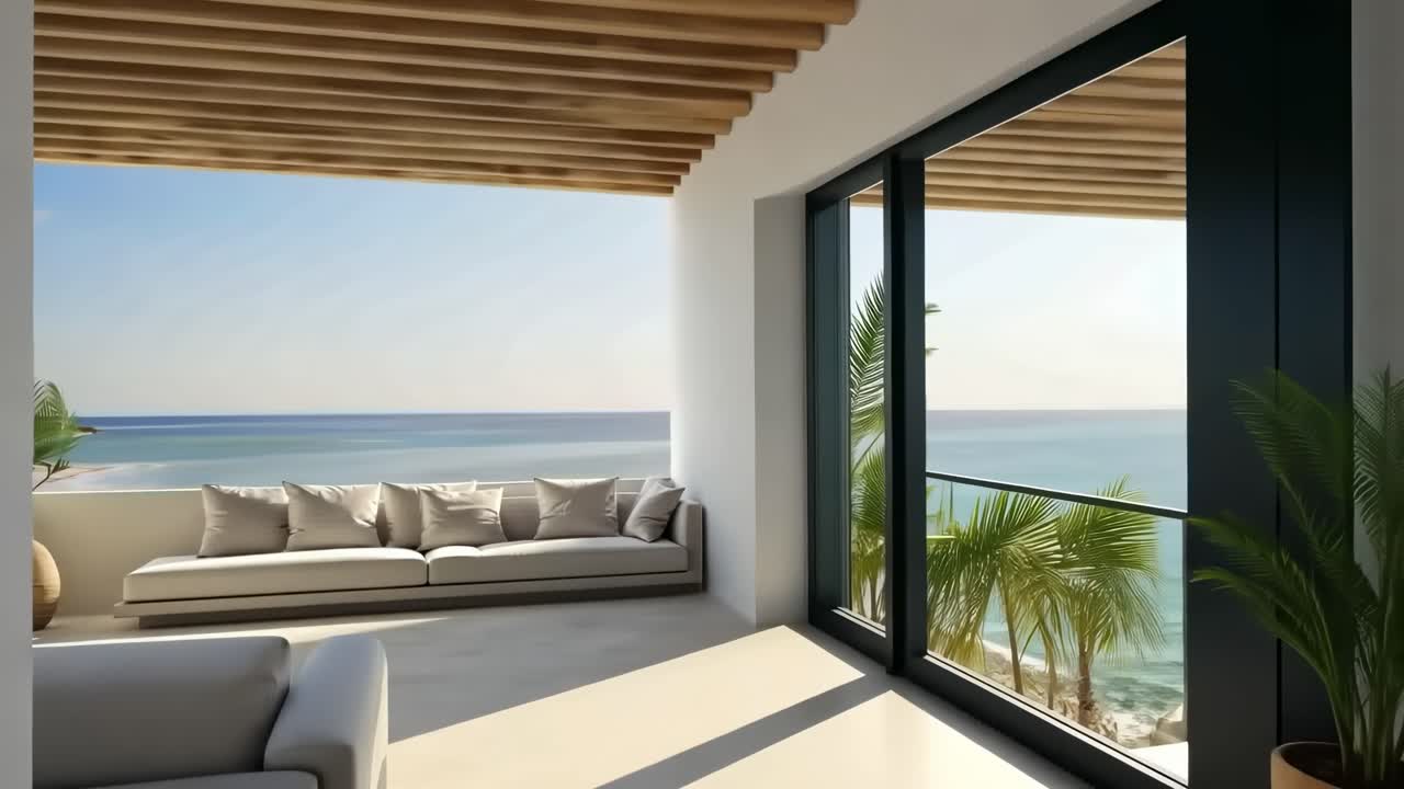 A modern beachfront living room with panoramic ocean views, captured from a wide-angle lens