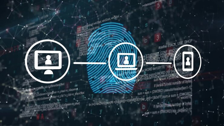 Animation of data processing and network of connections with icons over fingerprint