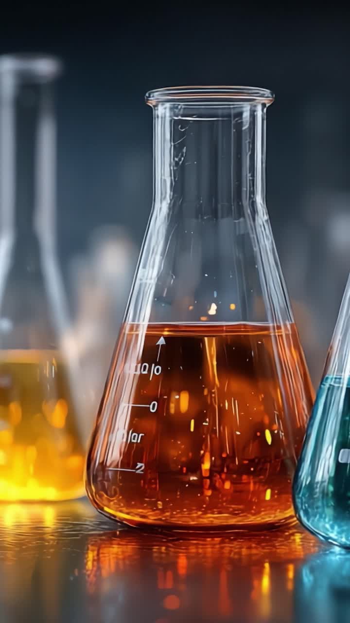 Un'Esposizione Vibrante di Reazioni Chimiche: Liquidi Vivacemente Colorati in Vetreria da Laboratorio che Mostrano il Lato Artistico della Scienza e della Sperimentazione