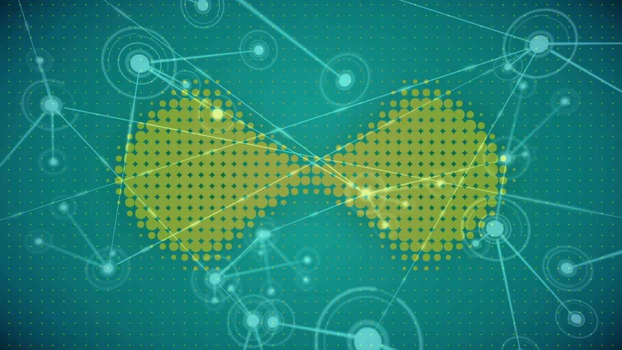 Central pale blue node pulsing triggers yellow dot clusters radiating lines for network display