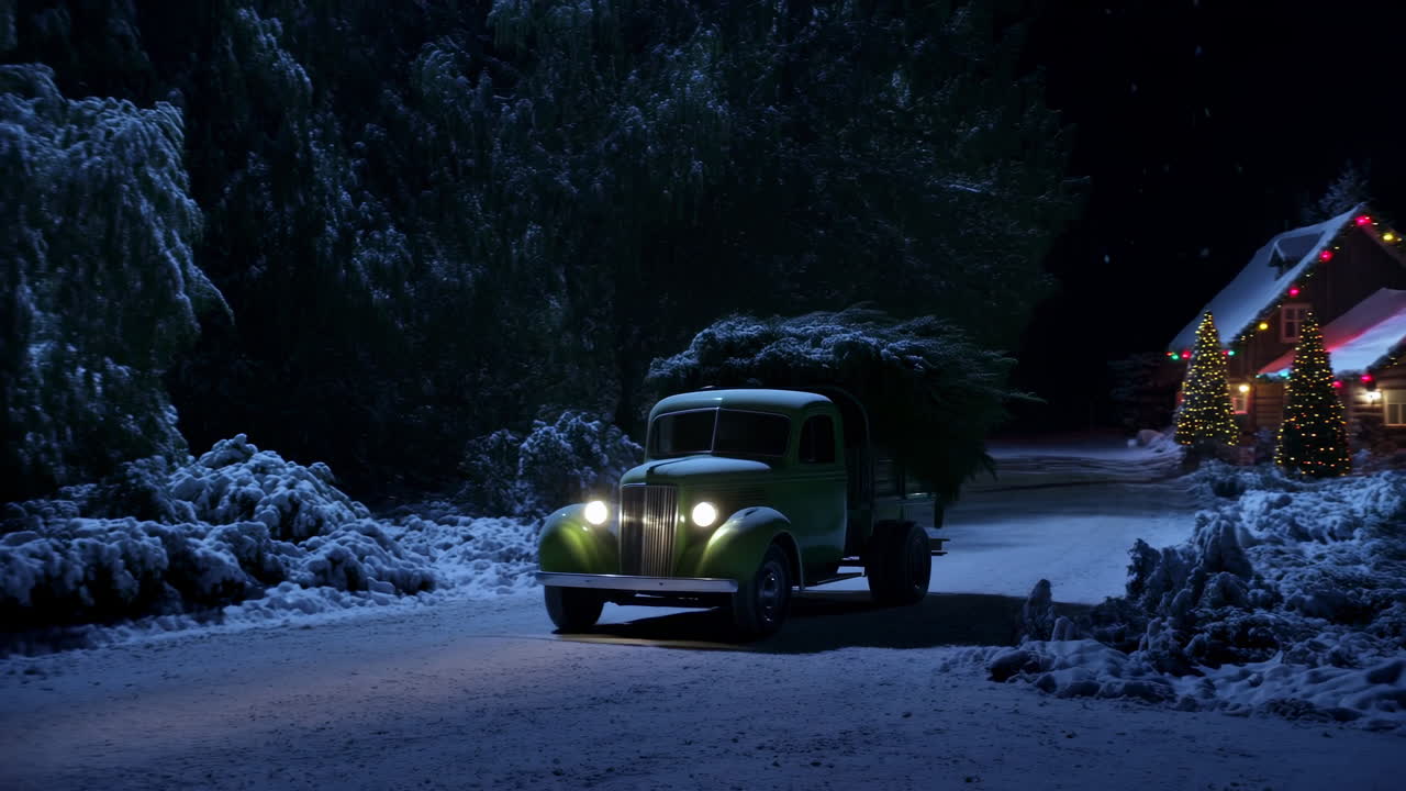 Oldtimer-Pickup-Truck transportiert Weihnachtsbaum auf verschneiter Straße bei Nacht