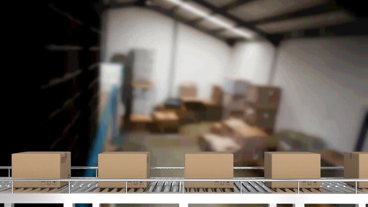 Animation of cardboard boxes on conveyor belt in warehouse