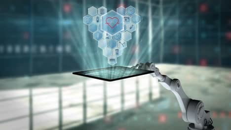 video generado digitalmente de un brazo robótico blanco sosteniendo una tableta digital con iconos médicos