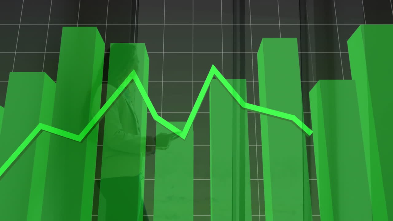 In office, business person analyzing green bar graph with fluctuating line animation