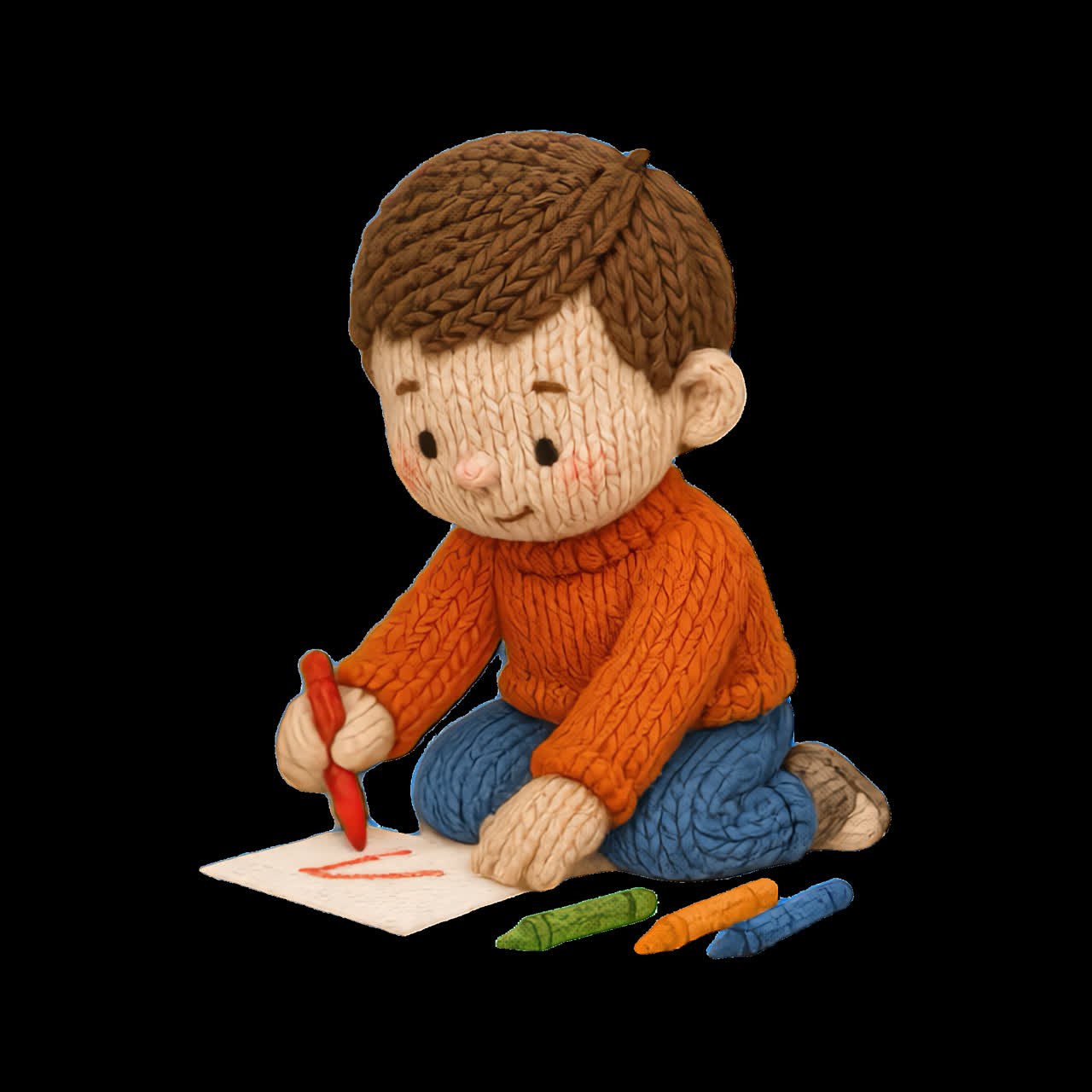Knit boy drawing with crayons animation isolated asset, transparent 4K video, alpha channel, ProRes