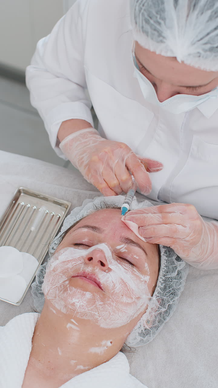 Cosmetologist making young woman beauty antiaging injections biorevitalization face mesotherapy