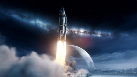 sci-fi rocket launch from an icy planet under a starry sky