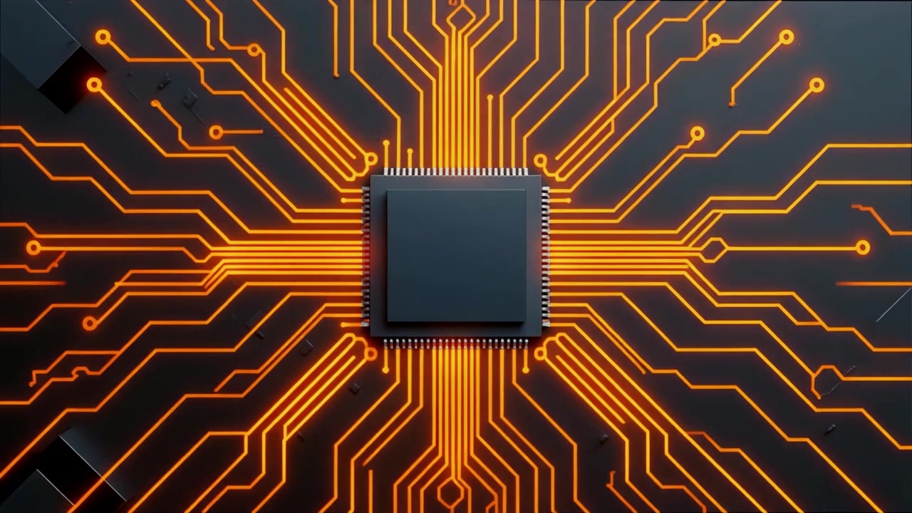 Digital printpladeprocessor med glødende orange dataflow