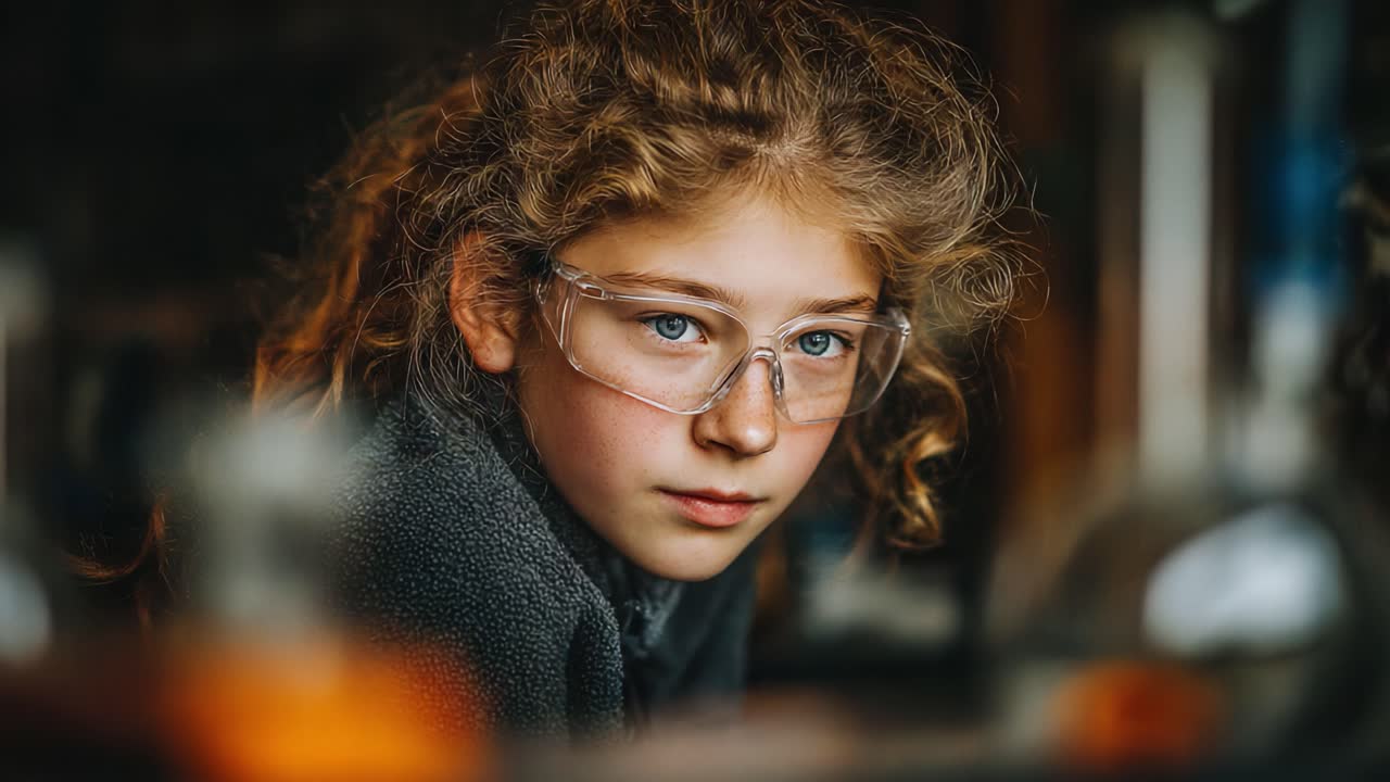 A Young Scientist with Curly Hair and Spectacles Engaged in Experimentation, Showcasing Curiosity and Intelligence in a Laboratory Environment