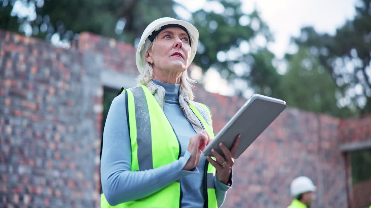Female construction worker using tablet at building site