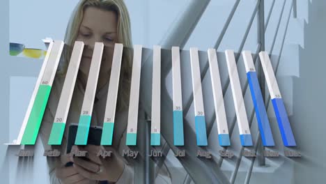 animation of data processing over caucasian businesswoman using smartphone