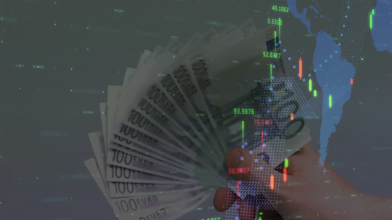Hands holding currency over financial data and world map animation