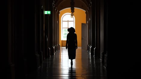 silhouetted woman walking in dark corridor of old baroque building towards bright arched window - jelgava palace latvia