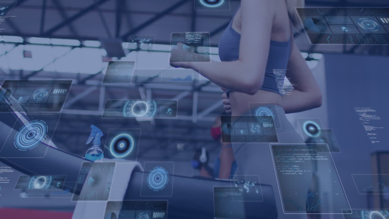 트레드밀에서 달리는 여성, 체육관에서 운동하는 여성에 대한 데이터 처리 애니메이션