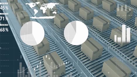 animation of statistical data processing against delivery boxes on conveyer belt