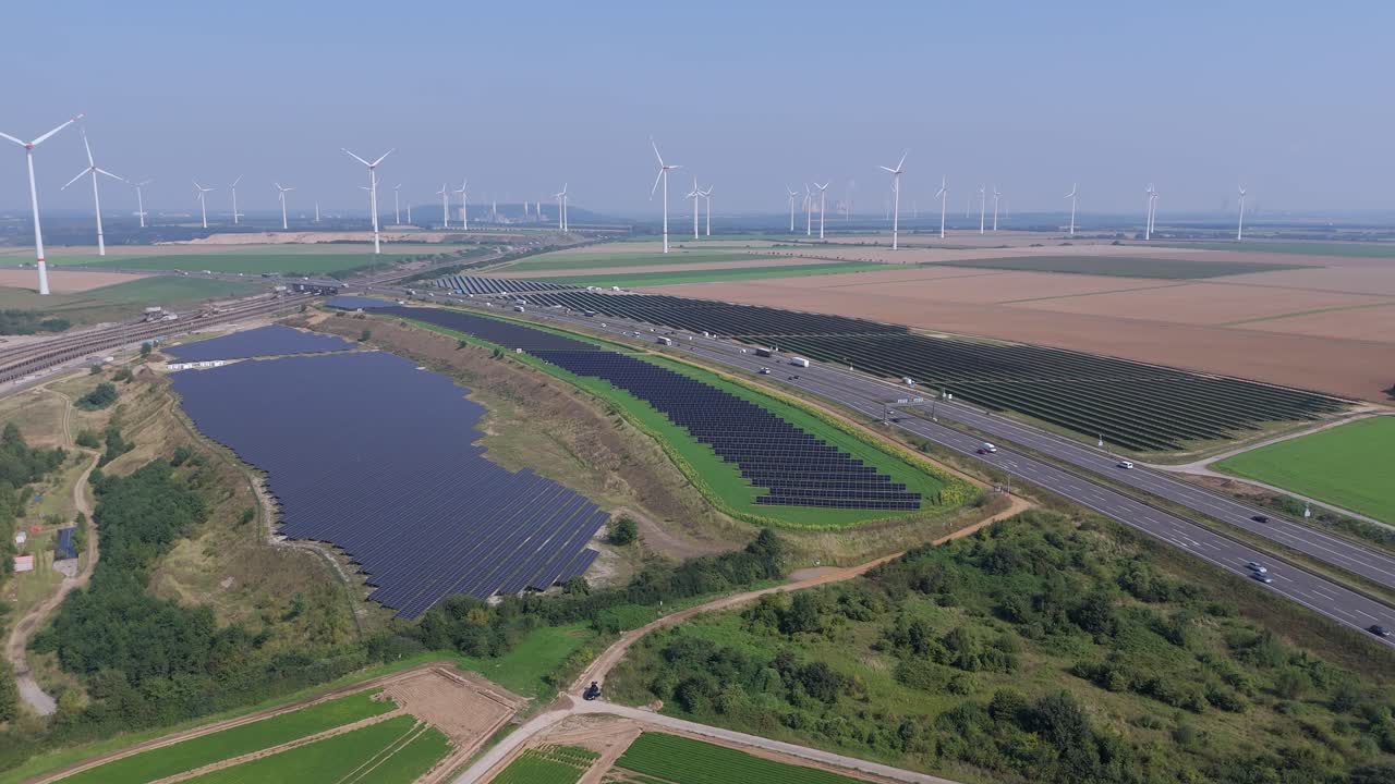 Aerial View of Solar and Wind Farms