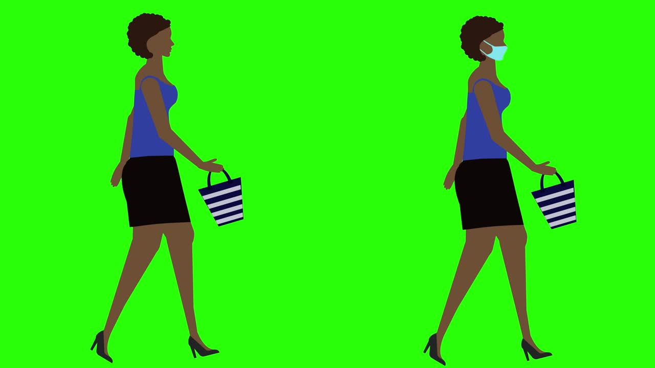 Women walking cycle seamless loop , face mask version, green screen chroma key animation, flat design