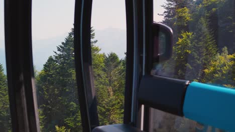 view from a gondola ride over lush evergreen forested mountains on a sunny day