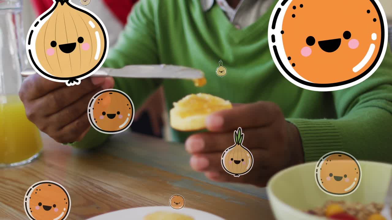 행복 한 아프리카계 미국인 노인 이 집 에서 먹고 있는 채소 와 과일 의 애니메이션