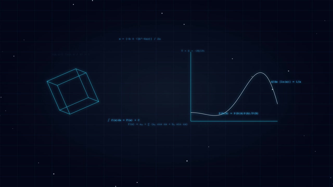 Animated Mathematical Formulas and Geometric Cube on Dark Grid Background