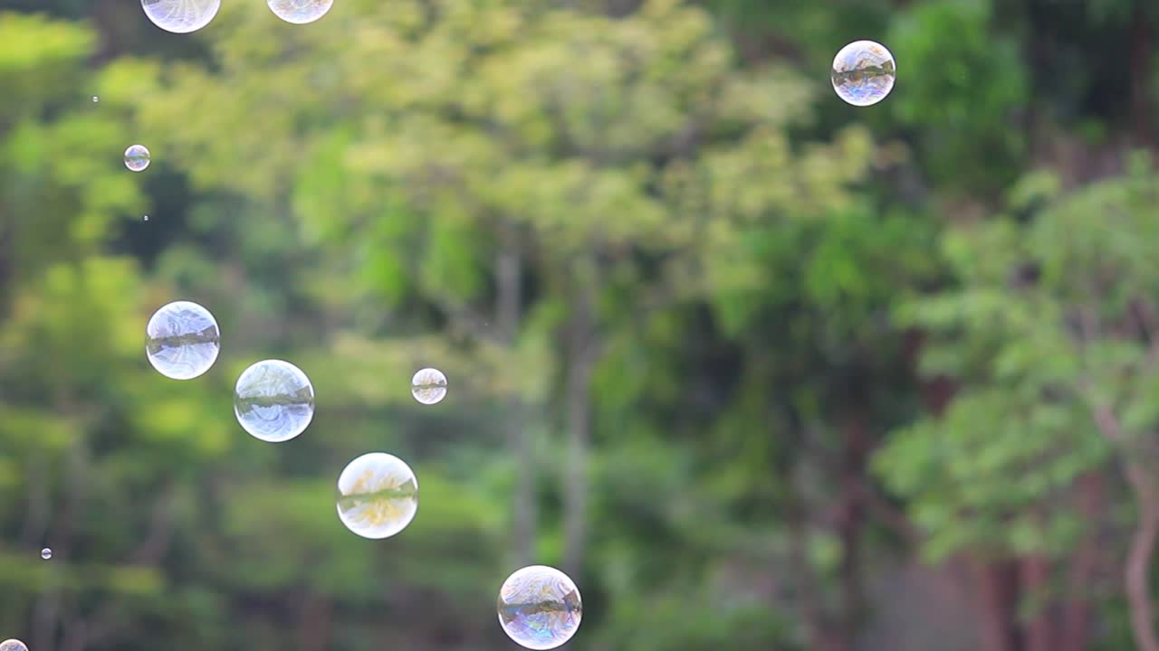 어린이와 어린이를 위한 자연 녹색 흐릿한 보케 배경으로 공중에 떠다니는 비누 거품