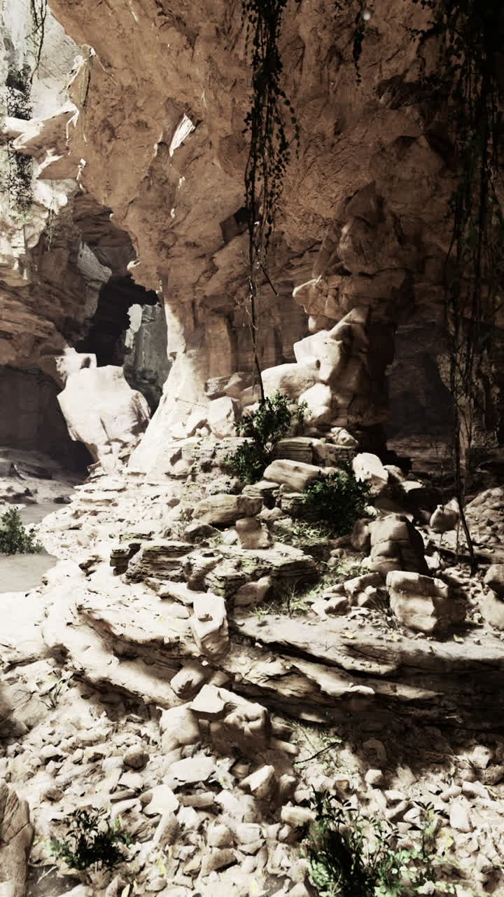 Shadowed depths reveal layered stone sculptures and rugged terrain
