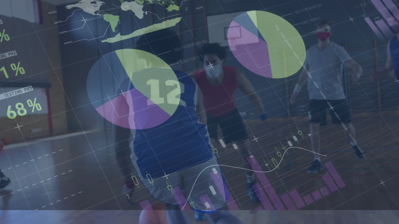animación del procesamiento de datos financieros sobre diversos jugadores de baloncesto que llevan máscaras faciales