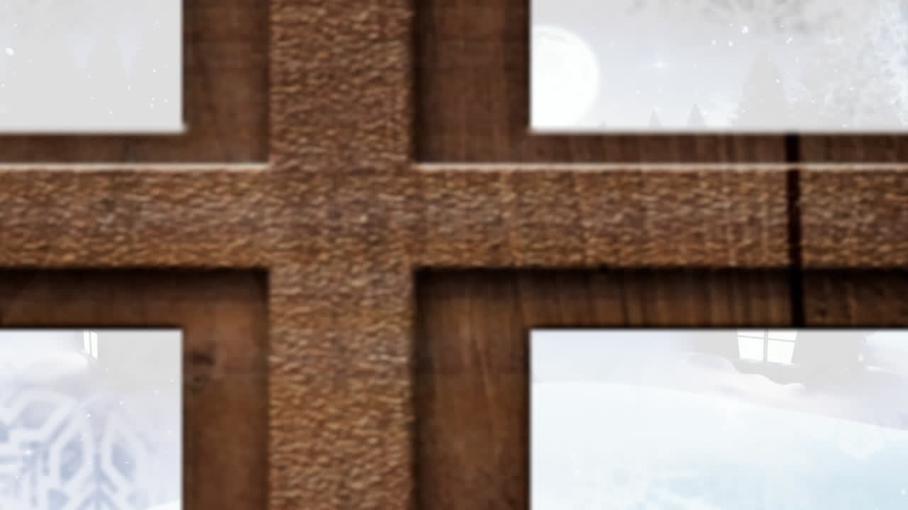 animación de paisajes de invierno con decoración navideña vista a través de la ventana