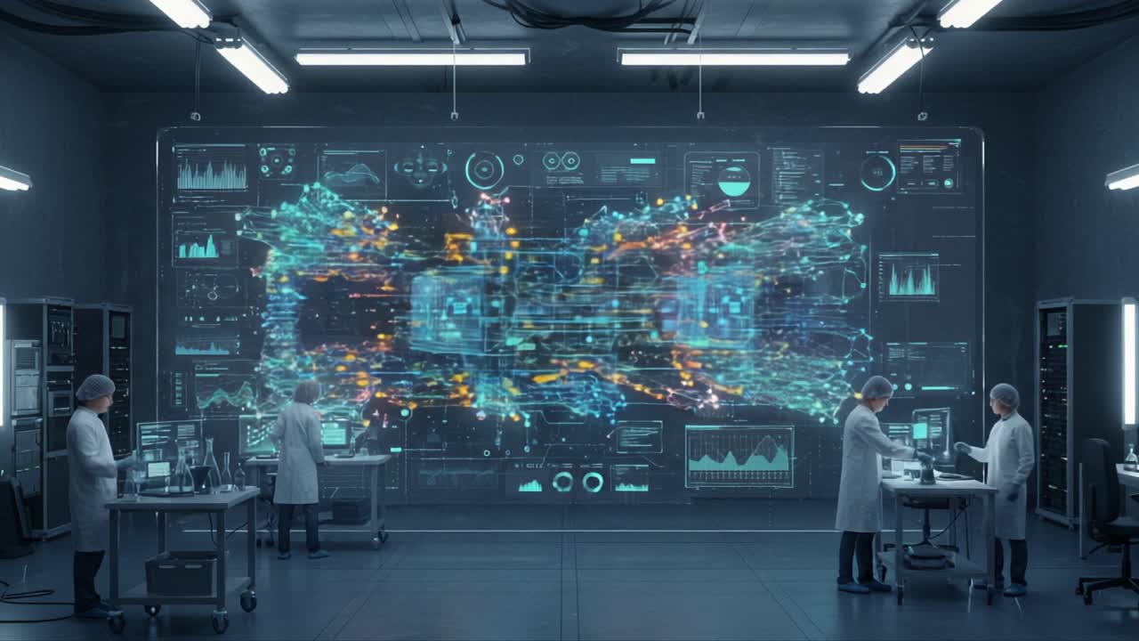 Advanced Scientific Laboratory with Innovators Analyzing Complex Data Visualizations on Large Digital Displays in a Futuristic Environment