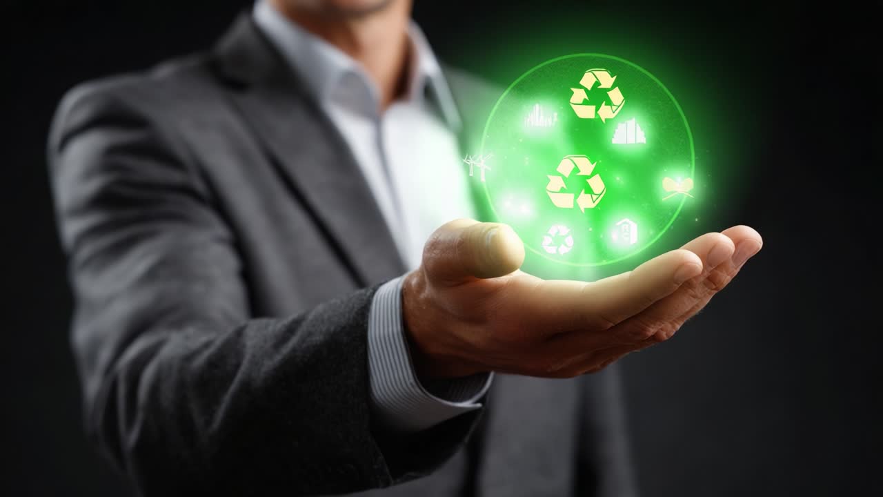 Innovative Sustainability: A Business Professional Holding a Green Sphere with Recycling Symbols, Emphasizing Environmental Responsibility and Future Technologies