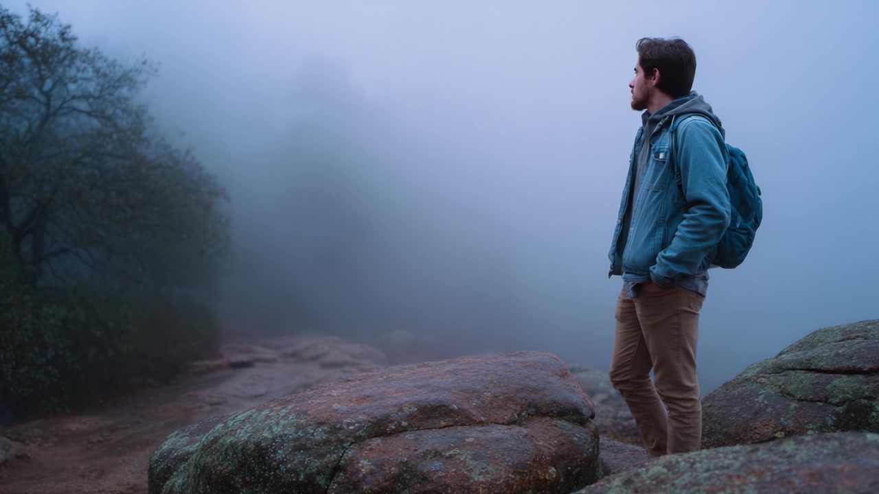Contemplative Wanderer in Misty Landscape: A Serene Exploration of Nature's Beauty and the Reflective Moment Amidst Fog and Rocky Terrain