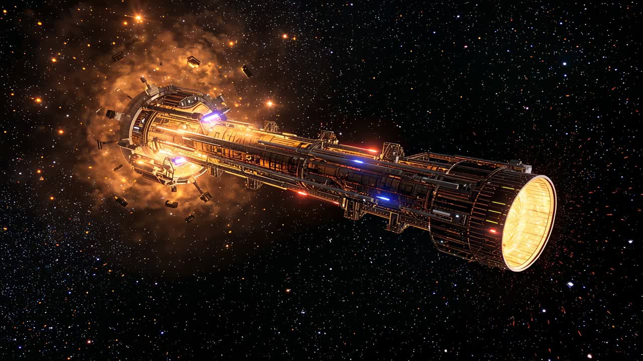 Drifting long spacecraft rightward in stars after engine flaring, debris spreading, lights pulsing