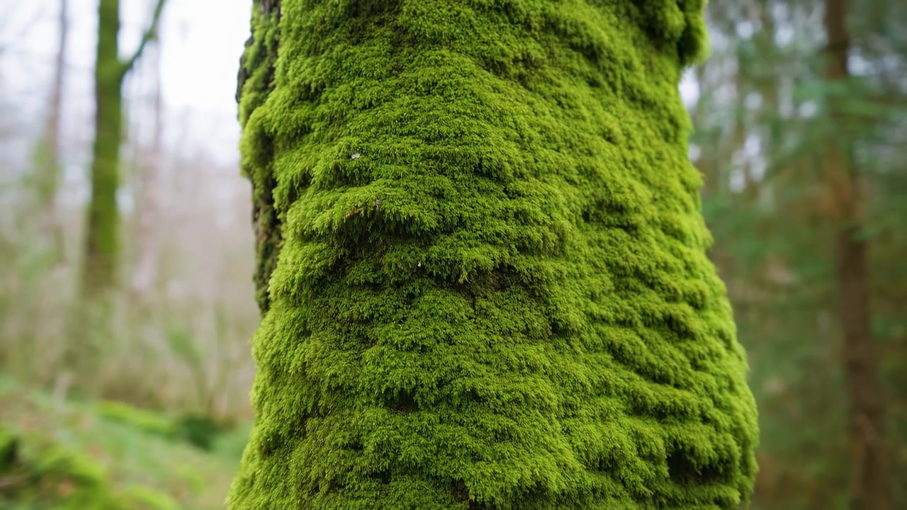 Vista detallada de un tronco de árbol densamente cubierto de musgo aterciopelado de color verde vivo y pequeñas cápsulas de esporas, ocupando el primer plano con troncos suavemente desenfocados.