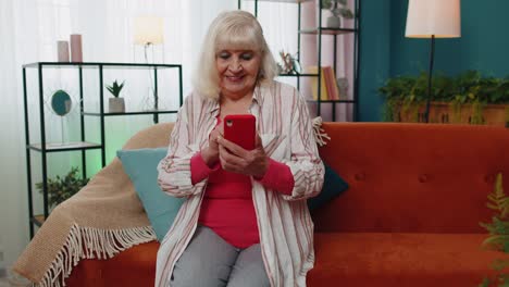 senior old grandmother works on mobile phone sends messages makes online purchases at home sofa