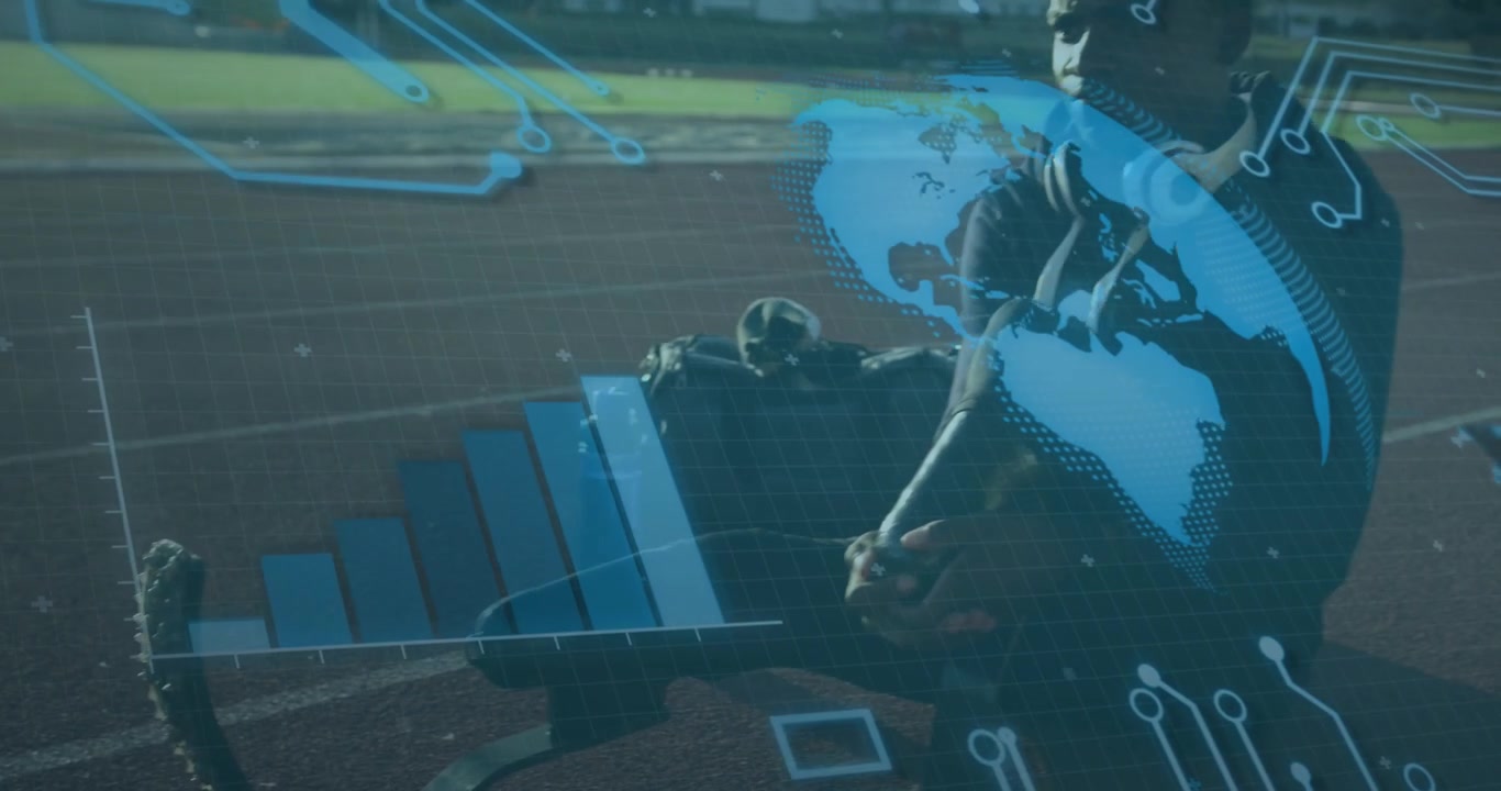 Athlete with Prosthetic Leg Stretching on Track with Digital Overlays