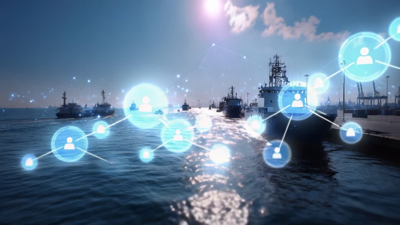 La luce del sole scintilla sul mare calmo mentre le navi sono ormeggiate. Icone di rete digitali fluttuano sull'acqua, mostrando la connessione. Ideale per la logistica marittima, il commercio digitale o i temi dei porti intelligenti